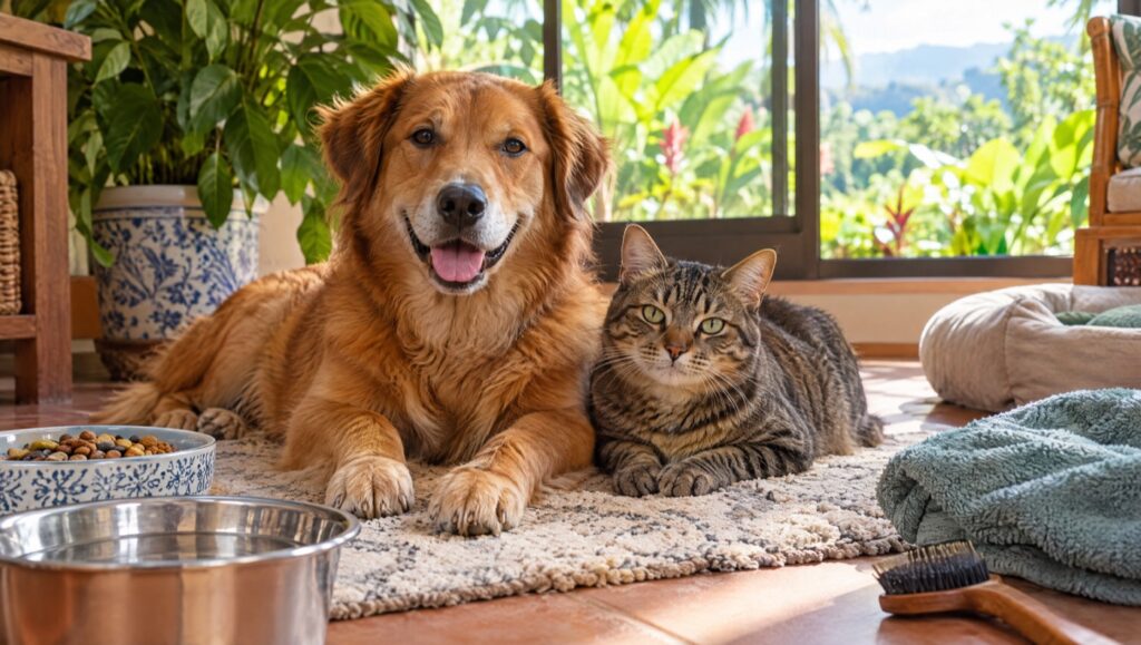 Perro y gato descansando juntos en casa con su comida, agua, cepillo y toalla